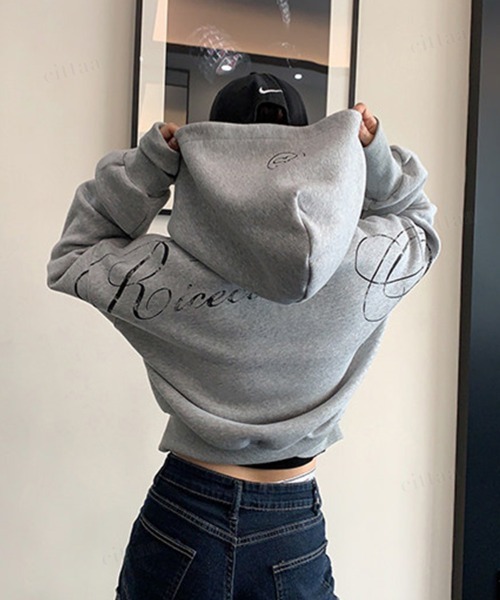 Dalfwin(ダールフィン)の「Ricecakeフード刺繍バックプリントジップアップショート丈フーディー(パーカー・レディース・グレー/ブラック・FREE)」の16枚目の写真
