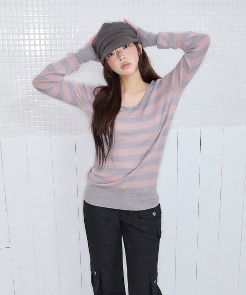 MIRECO（ミレコ）の「MELT STRIPE KNIT PINK GREY（ニット/セーター・レディース・その他・FREE）」の2枚目の写真