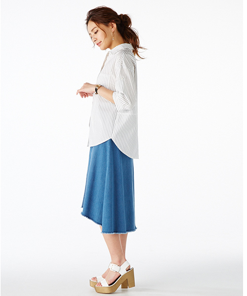 IEDIT(イディット)の「IEDIT Aラインが女らしい カットオフ風仕様のミディ丈 フィッシュテールデニムスカート(デニムスカート・レディース・ブルー・7/10/6/5/8/9)」の11枚目の写真