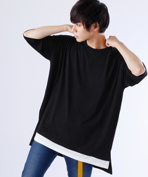 MONO-MART | ワイドシルエット裾フェイクレイヤードヘムラインロング丈カットソー(MONO-MART)(Tシャツ/カットソー)