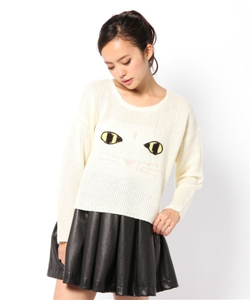 L.D.S.(エルディーエス)の「ネコS丈KNIT(ニット/セーター・レディース・ホワイト系/パープル系/ブラック系・FREE)」の1枚目の写真