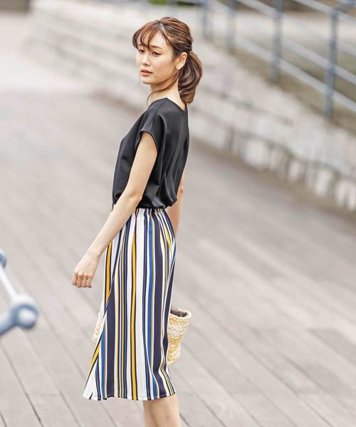 12Twelve Agenda(トゥエルブ アジェンダ)の「カット×麻調合繊ストライプワンピース(ワンピース・レディース・イエロー/グリーン・M)」の4枚目の写真