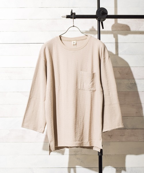 TRAP/U （トラップユー）の「【TRAP/U】ヘリンボーンジャガード ビッグカットソー（Tシャツ/カットソー・メンズ・モカ/ライトピンク/ホワイト/ベージュ・LARGE/MEDIUM）」の4枚目の写真