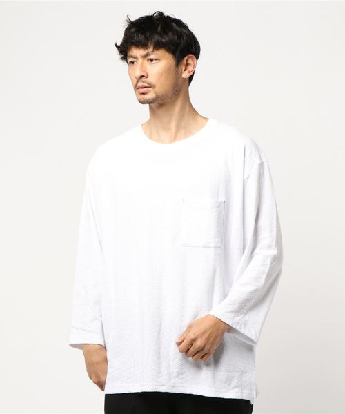 TRAP/U （トラップユー）の「【TRAP/U】ヘリンボーンジャガード ビッグカットソー（Tシャツ/カットソー・メンズ・モカ/ライトピンク/ホワイト/ベージュ・LARGE/MEDIUM）」の22枚目の写真