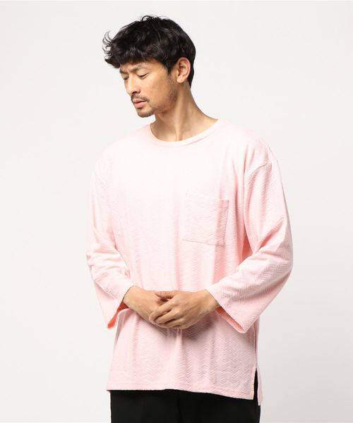 TRAP/U （トラップユー）の「【TRAP/U】ヘリンボーンジャガード ビッグカットソー（Tシャツ/カットソー・メンズ・モカ/ライトピンク/ホワイト/ベージュ・LARGE/MEDIUM）」の18枚目の写真