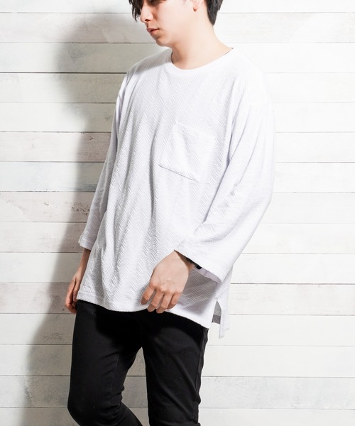 TRAP/U （トラップユー）の「【TRAP/U】ヘリンボーンジャガード ビッグカットソー（Tシャツ/カットソー・メンズ・モカ/ライトピンク/ホワイト/ベージュ・LARGE/MEDIUM）」の19枚目の写真
