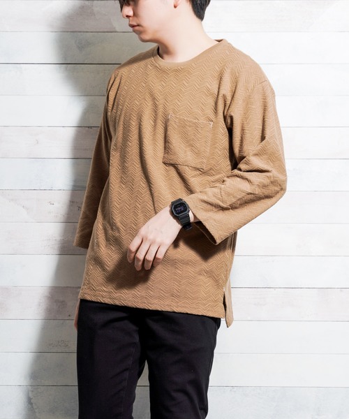 TRAP/U （トラップユー）の「【TRAP/U】ヘリンボーンジャガード ビッグカットソー（Tシャツ/カットソー・メンズ・モカ/ライトピンク/ホワイト/ベージュ・LARGE/MEDIUM）」の9枚目の写真