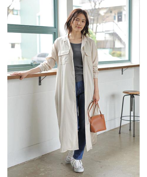 AMERICAN HOLIC（アメリカンホリック）の「Wポケット開襟シャツワンピース（ワンピース・レディース・チャコールグレー/ライトベージュ/ストライプ/ドット/モカ・M/L）」の4枚目の写真