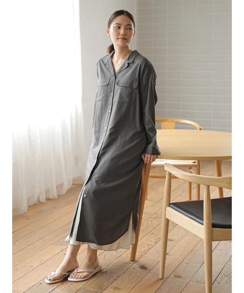 AMERICAN HOLIC（アメリカンホリック）の「Wポケット開襟シャツワンピース（ワンピース・レディース・チャコールグレー/ライトベージュ/ストライプ/ドット/モカ・M/L）」の2枚目の写真