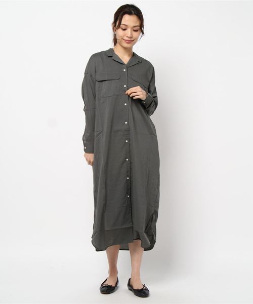 AMERICAN HOLIC（アメリカンホリック）の「Wポケット開襟シャツワンピース（ワンピース・レディース・チャコールグレー/ライトベージュ/ストライプ/ドット/モカ・M/L）」の6枚目の写真