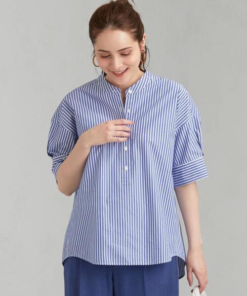 green label relaxing（グリーンレーベルリラクシング）の「FFC 50/- ブロード スタンドカラー ブラウス（シャツ/ブラウス・レディース・ブラウン/ホワイト/コバルトブルー/モカ・FREE）」の4枚目の写真