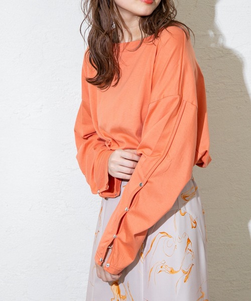 mystic(ミスティック)の「ボタンスリーブロングTシャツ(Tシャツ/カットソー)」|オレンジ