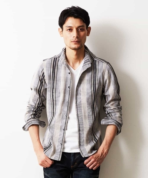 MICHEL KLEIN HOMME   （ミッシェルクランオム）の「シャツ（ラッセルリバーチェック）（Tシャツ/カットソー・メンズ・ベージュ/パープル/ネイビー・MEDIUM/LARGE/X-LARGE）」の6枚目の写真