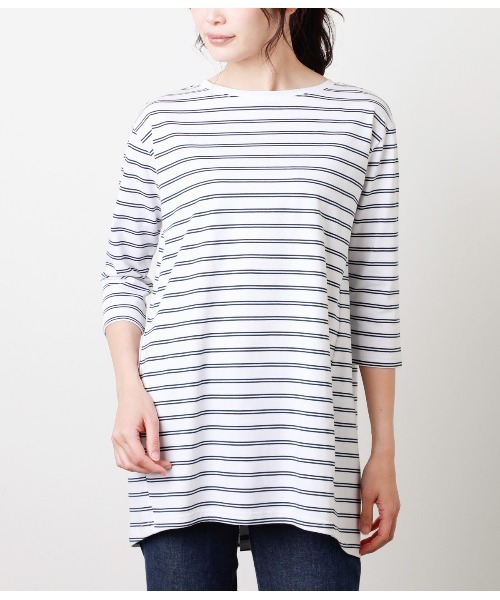 NEWYORKER(ニューヨーカー)の「シルケット天竺ボーダー 7分袖バックスリットカットソープルオーバー(Tシャツ/カットソー・レディース・グレー系その他/ベージュ/ホワイト・L/M)」の14枚目の写真