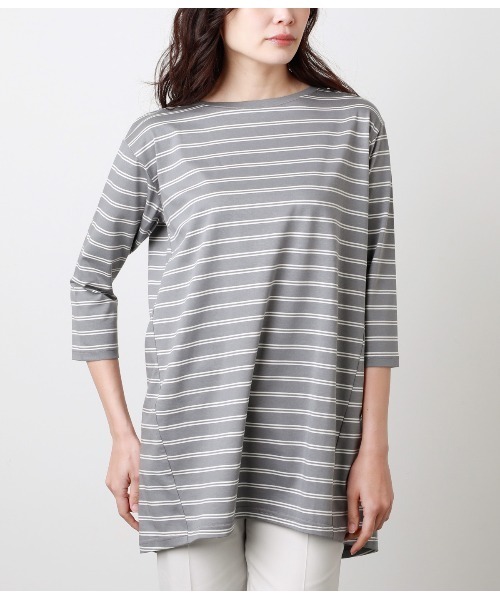 NEWYORKER(ニューヨーカー)の「シルケット天竺ボーダー 7分袖バックスリットカットソープルオーバー(Tシャツ/カットソー・レディース・グレー系その他/ベージュ/ホワイト・L/M)」の10枚目の写真