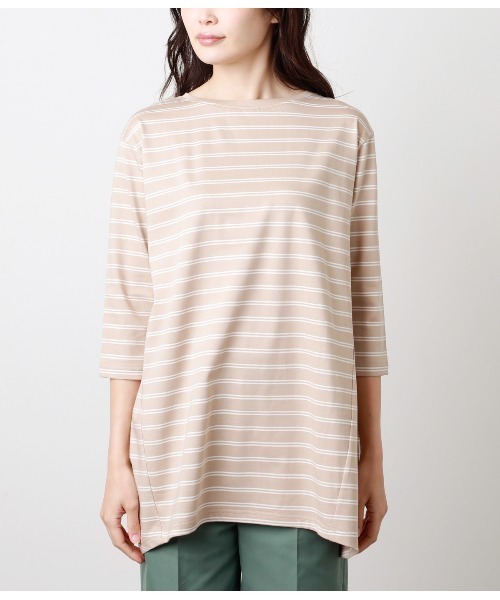 NEWYORKER(ニューヨーカー)の「シルケット天竺ボーダー 7分袖バックスリットカットソープルオーバー(Tシャツ/カットソー・レディース・グレー系その他/ベージュ/ホワイト・L/M)」の17枚目の写真