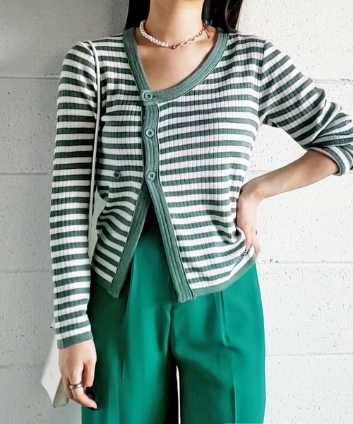 me+em select（ミームセレクト）の「【数量限定販売】釦スリットリブボーダートップス（カーディガン/ボレロ・レディース・ブラウン/ブラック/グレー/グリーン・FREE）」の4枚目の写真