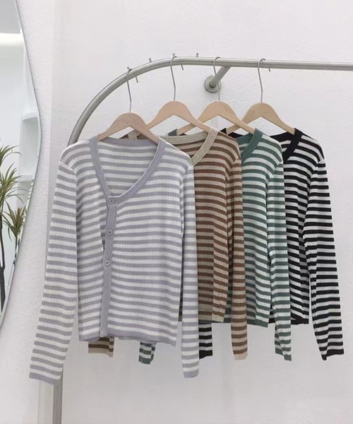 me+em select（ミームセレクト）の「【数量限定販売】釦スリットリブボーダートップス（カーディガン/ボレロ・レディース・ブラウン/ブラック/グレー/グリーン・FREE）」の10枚目の写真