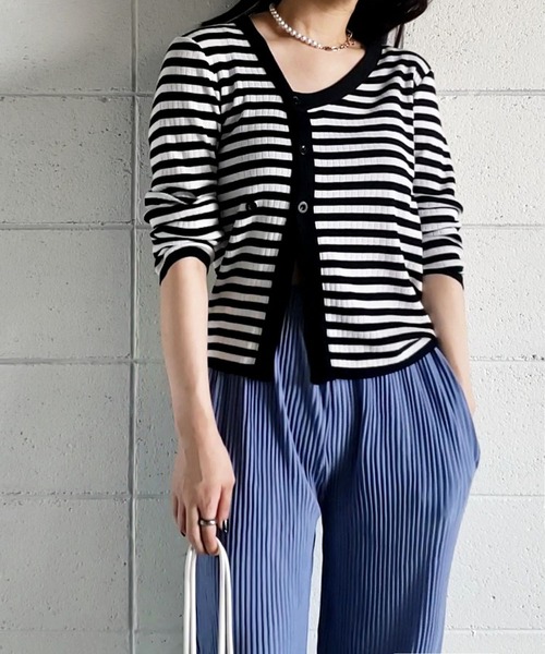 me+em select（ミームセレクト）の「【数量限定販売】釦スリットリブボーダートップス（カーディガン/ボレロ・レディース・ブラウン/ブラック/グレー/グリーン・FREE）」の8枚目の写真