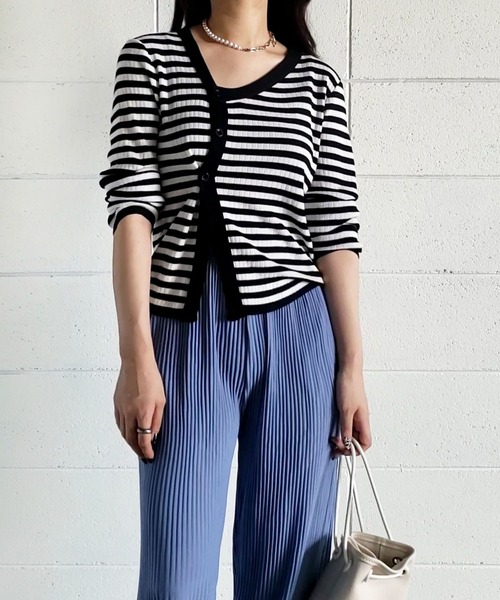 me+em select（ミームセレクト）の「【数量限定販売】釦スリットリブボーダートップス（カーディガン/ボレロ・レディース・ブラウン/ブラック/グレー/グリーン・FREE）」の17枚目の写真