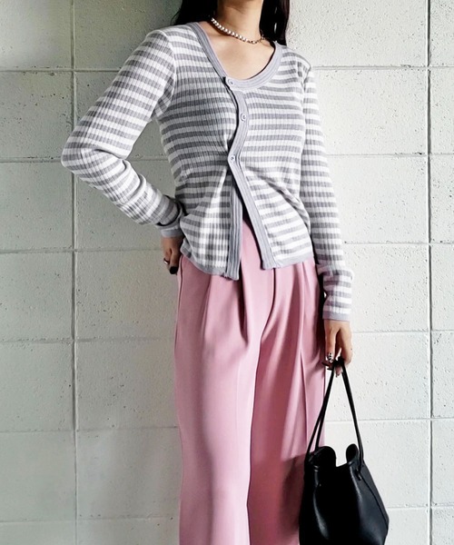 me+em select（ミームセレクト）の「【数量限定販売】釦スリットリブボーダートップス（カーディガン/ボレロ・レディース・ブラウン/ブラック/グレー/グリーン・FREE）」の19枚目の写真