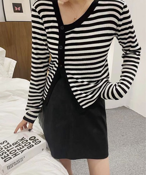 me+em select（ミームセレクト）の「【数量限定販売】釦スリットリブボーダートップス（カーディガン/ボレロ・レディース・ブラウン/ブラック/グレー/グリーン・FREE）」の12枚目の写真