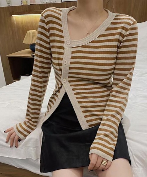 me+em select（ミームセレクト）の「【数量限定販売】釦スリットリブボーダートップス（カーディガン/ボレロ・レディース・ブラウン/ブラック/グレー/グリーン・FREE）」の21枚目の写真