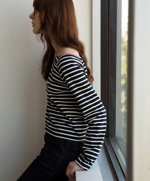 mangata(モンガータ)の「Bicolor border long sleeve(Tシャツ/カットソー・レディース・ネイビー/ピンク・FREE)」の6枚目の写真