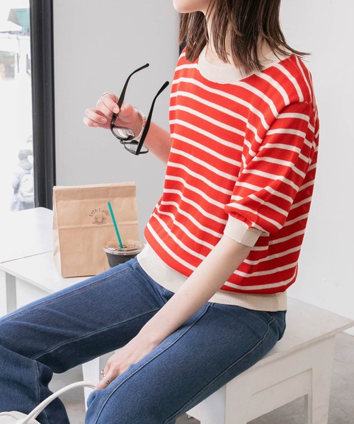 BONLECILL（ボンルシール）の「ボーダー 半袖ニットプルオーバー（ニット/セーター・レディース・ブラック/レッド/ブルー/グリーン/オレンジ/ネイビー/ライトグリーン・FREE）」の6枚目の写真