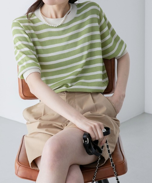 BONLECILL（ボンルシール）の「ボーダー 半袖ニットプルオーバー（ニット/セーター・レディース・ブラック/レッド/ブルー/グリーン/オレンジ/ネイビー/ライトグリーン・FREE）」の3枚目の写真