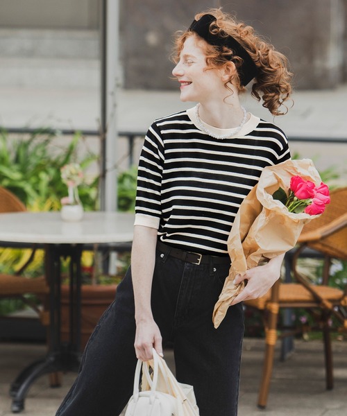 BONLECILL（ボンルシール）の「ボーダー 半袖ニットプルオーバー（ニット/セーター・レディース・ブラック/レッド/ブルー/グリーン/オレンジ/ネイビー/ライトグリーン・FREE）」の10枚目の写真