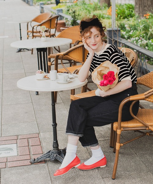 BONLECILL（ボンルシール）の「ボーダー 半袖ニットプルオーバー（ニット/セーター・レディース・ブラック/レッド/ブルー/グリーン/オレンジ/ネイビー/ライトグリーン・FREE）」の8枚目の写真