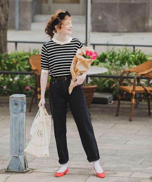 BONLECILL（ボンルシール）の「ボーダー 半袖ニットプルオーバー（ニット/セーター・レディース・ブラック/レッド/ブルー/グリーン/オレンジ/ネイビー/ライトグリーン・FREE）」の16枚目の写真