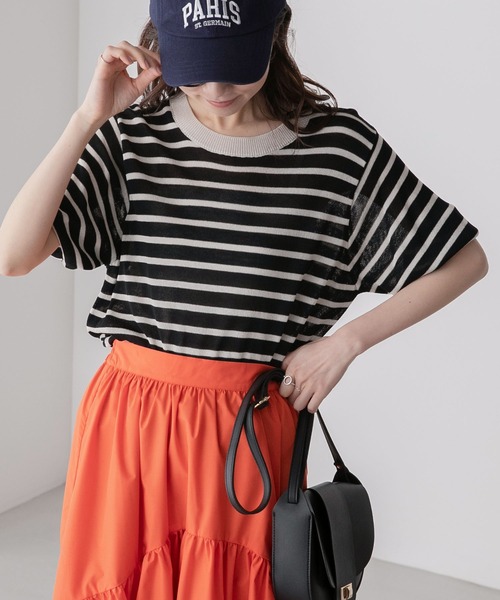 BONLECILL（ボンルシール）の「ボーダー 半袖ニットプルオーバー（ニット/セーター・レディース・ブラック/レッド/ブルー/グリーン/オレンジ/ネイビー/ライトグリーン・FREE）」の20枚目の写真