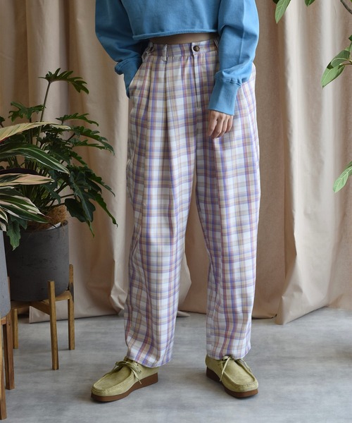 Alley by w closet(アリーバイダブルクローゼット)の「【Alley】【サイズ調整できる】チェックタックパンツ(スラックス・レディース・ピンク/ブルー・FREE)」の7枚目の写真