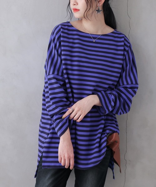 osharewalker（オシャレウォーカー）の「【廃盤】『ボーダー柄ロング丈カットソー』（Tシャツ/カットソー・レディース・パープル/ブラック/ブルー/モカ・FREE）」の4枚目の写真