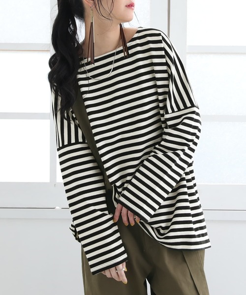 osharewalker（オシャレウォーカー）の「【廃盤】『ボーダー柄ロング丈カットソー』（Tシャツ/カットソー・レディース・パープル/ブラック/ブルー/モカ・FREE）」の2枚目の写真