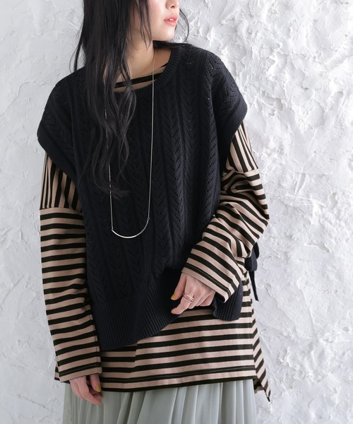 osharewalker（オシャレウォーカー）の「【廃盤】『ボーダー柄ロング丈カットソー』（Tシャツ/カットソー・レディース・パープル/ブラック/ブルー/モカ・FREE）」の3枚目の写真