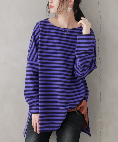 osharewalker（オシャレウォーカー）の「【廃盤】『ボーダー柄ロング丈カットソー』（Tシャツ/カットソー・レディース・パープル/ブラック/ブルー/モカ・FREE）」の6枚目の写真