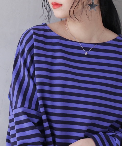 osharewalker（オシャレウォーカー）の「【廃盤】『ボーダー柄ロング丈カットソー』（Tシャツ/カットソー・レディース・パープル/ブラック/ブルー/モカ・FREE）」の7枚目の写真