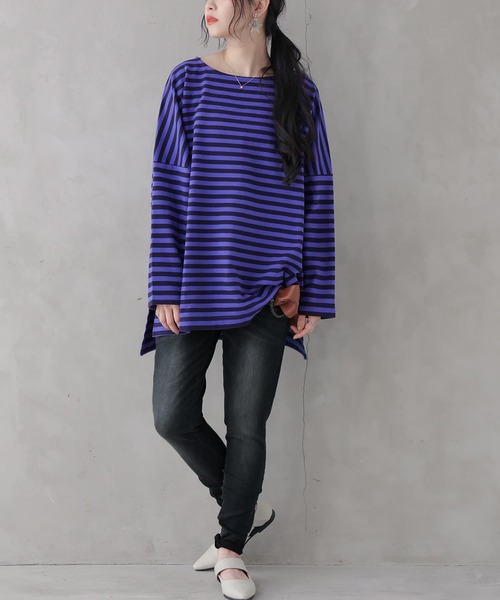 osharewalker（オシャレウォーカー）の「【廃盤】『ボーダー柄ロング丈カットソー』（Tシャツ/カットソー・レディース・パープル/ブラック/ブルー/モカ・FREE）」の8枚目の写真