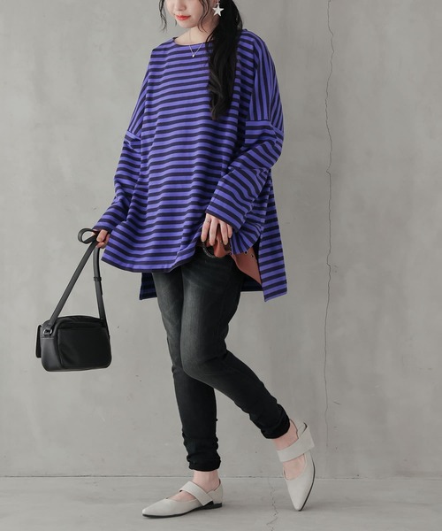 osharewalker（オシャレウォーカー）の「【廃盤】『ボーダー柄ロング丈カットソー』（Tシャツ/カットソー・レディース・パープル/ブラック/ブルー/モカ・FREE）」の9枚目の写真