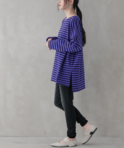 osharewalker（オシャレウォーカー）の「【廃盤】『ボーダー柄ロング丈カットソー』（Tシャツ/カットソー・レディース・パープル/ブラック/ブルー/モカ・FREE）」の10枚目の写真