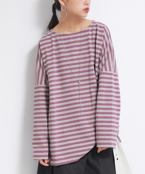 osharewalker（オシャレウォーカー）の「【廃盤】『ボーダー柄ロング丈カットソー』（Tシャツ/カットソー・レディース・パープル/ブラック/ブルー/モカ・FREE）」の12枚目の写真