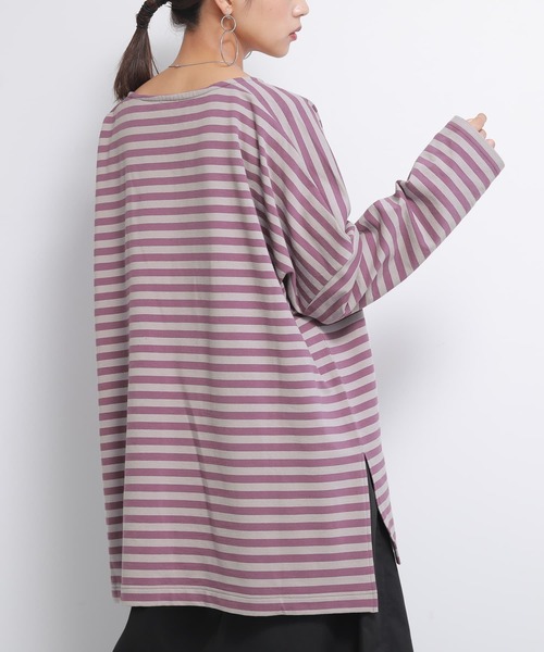 osharewalker（オシャレウォーカー）の「【廃盤】『ボーダー柄ロング丈カットソー』（Tシャツ/カットソー・レディース・パープル/ブラック/ブルー/モカ・FREE）」の13枚目の写真