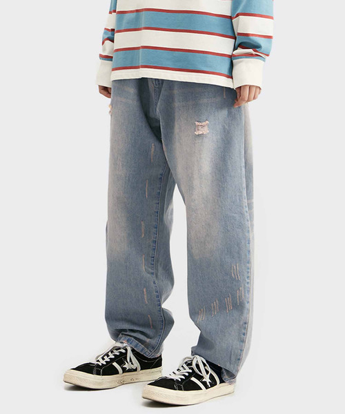 INFLATION（インフレーション）の「INFLATION(インフレーション)ワイドダメージジーンズ（デニムパンツ・メンズ・ブルー・M/XL/L/S）」の2枚目の写真