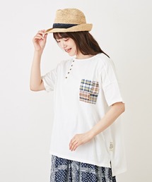 CUBE SUGAR（キューブシュガー）の「異素材ピグメントアシンメトリーヘンリーネックTシャツ（Tシャツ/カットソー）」
