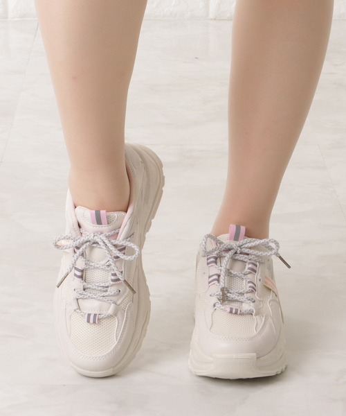 グレー レザー ストラップ付き 厚底靴 Lace Ladies スニーカー タグ付き厚底ストラップアグリー