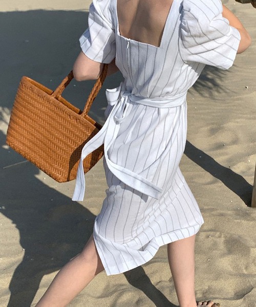 セール】ストライプウエストリボンタイトワンピース（ワンピース  