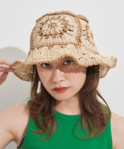 MERLOT(メルロー)の「クロシェハット(ハット・レディース・ベージュ/グリーン・FREE)」の4枚目の写真